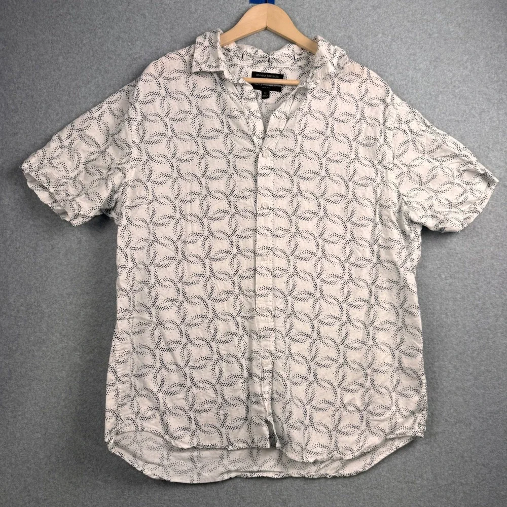 Banana Republic Shirt Mens XL White Navy Linen Blend Slim Fit Button Down Beachy